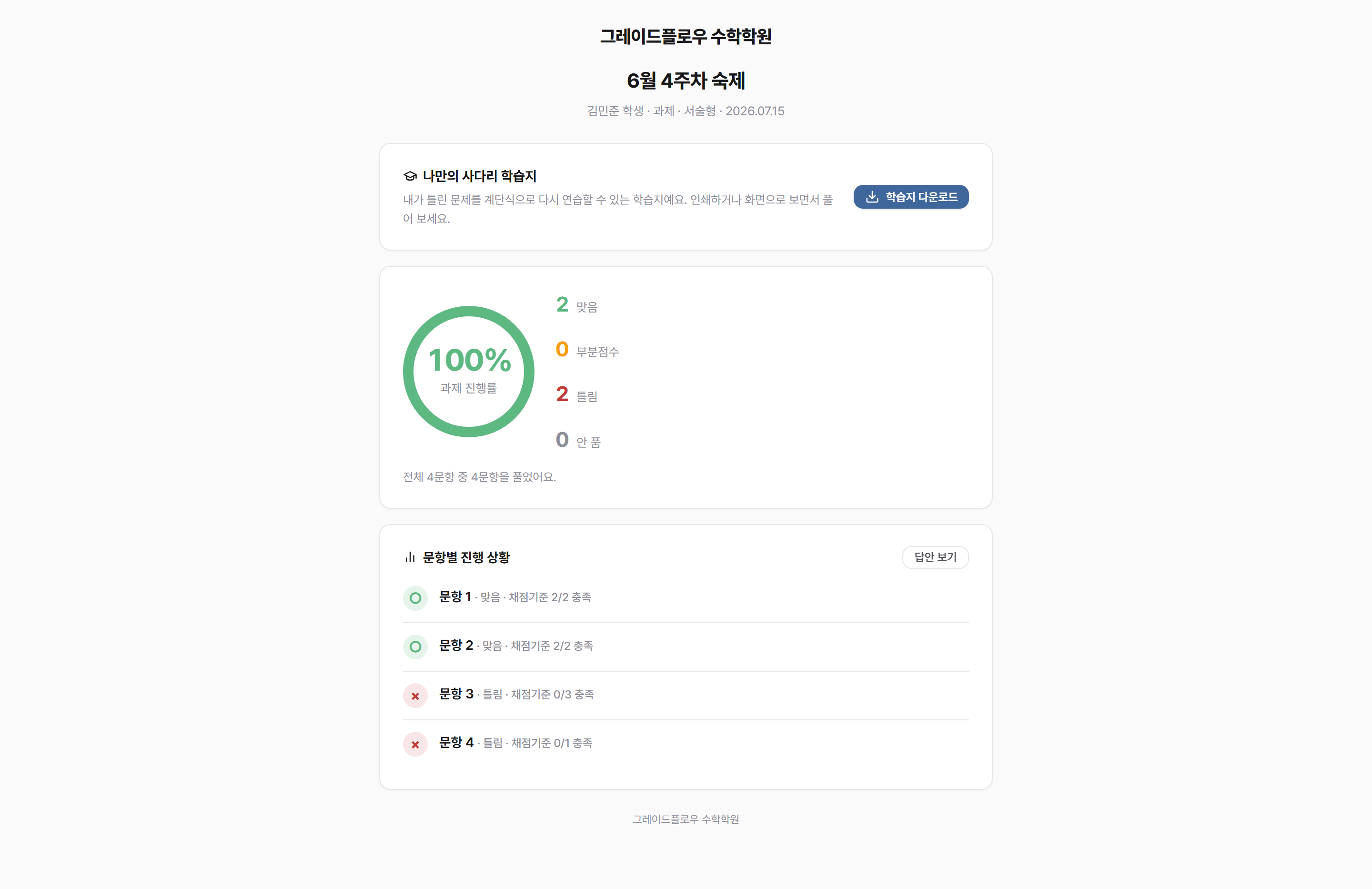 학부모가 보는 과제 리포트